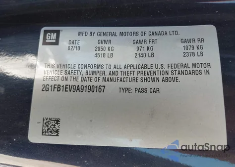 2010 Chevrolet Camaro 1Lt из США, поврежденный, VIN 2G1FB1EV9A9190167